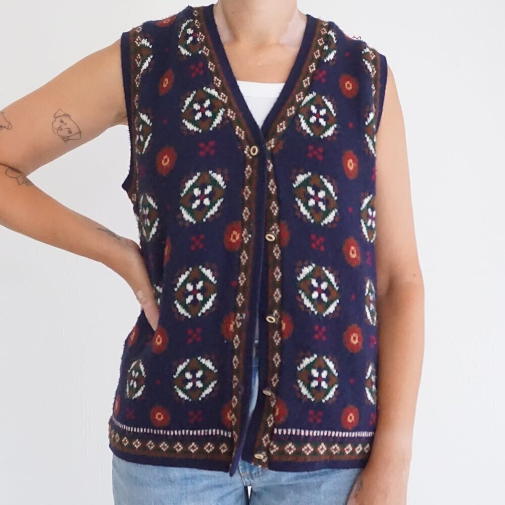 Vintage Cricket Lane Navy Fair Isle Geometric Knit Sweater Vest Cabincore M